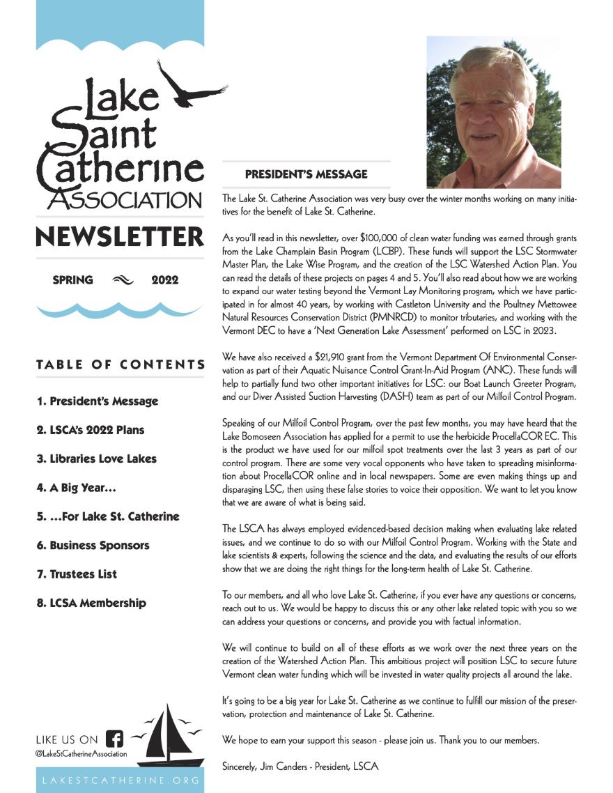 Lake St. Catherine Association's Spring 2022 Newsletter
