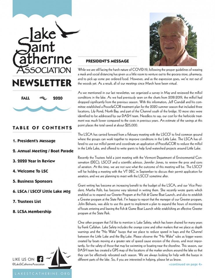 Cover of the Lake St. Catherine Association's Fall 2020 newsletter