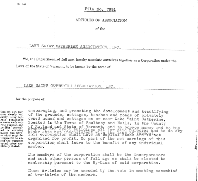 Articles of Association for the Lake St. Catherine Association from August 31st, 1953