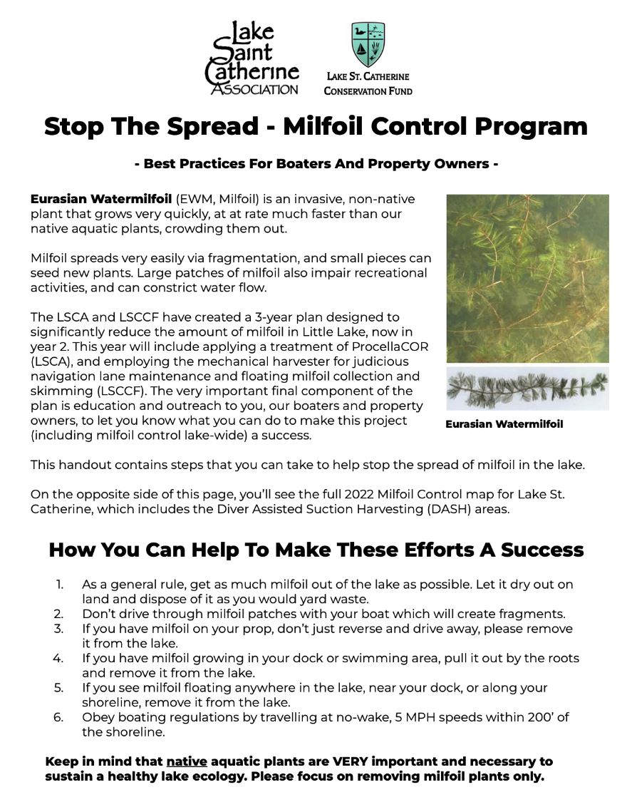 Stop The Spread of Milfoil on Lake St. Catherine - 2022
